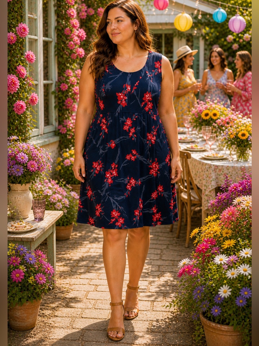 Ellos Floral Sleeveless Dress Women's Plus Size 2X Fit & Flare Blue Red 26 / 28